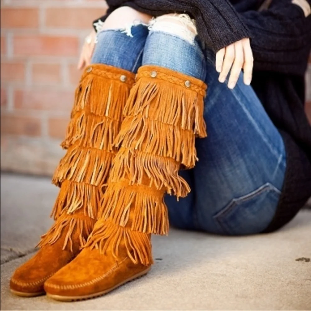 MINNETONKA Moccasins 1652 Women's 5 Layers Fringes Brown Suede Boots 6 - Picture 1 of 16